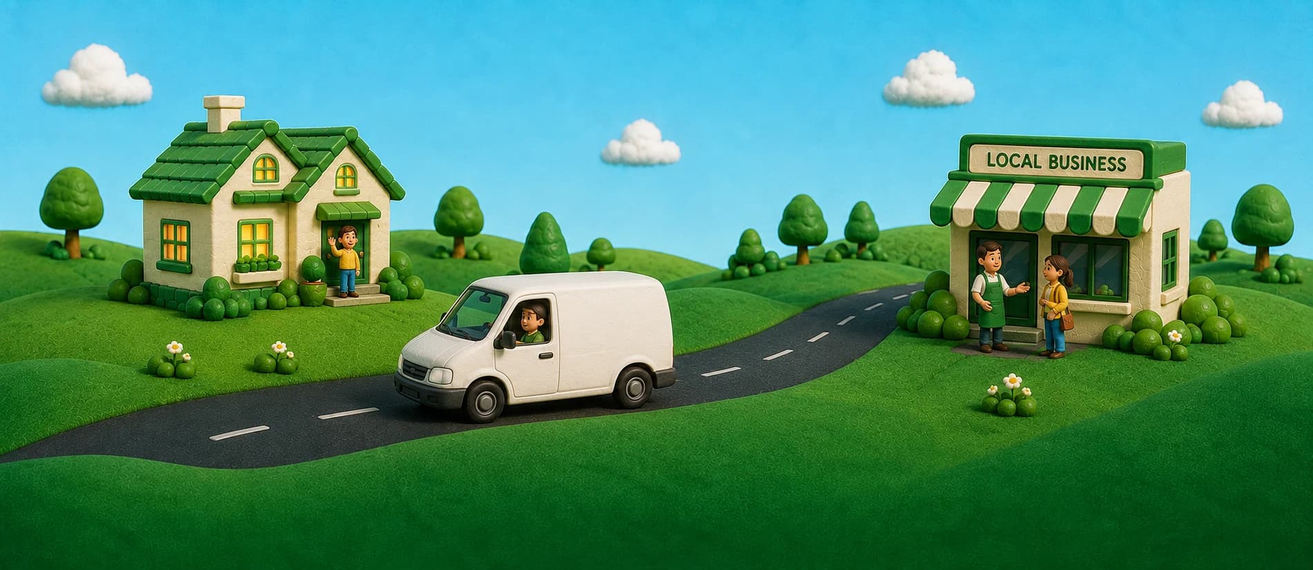 Illustrated journey from a customer's home to a local service business